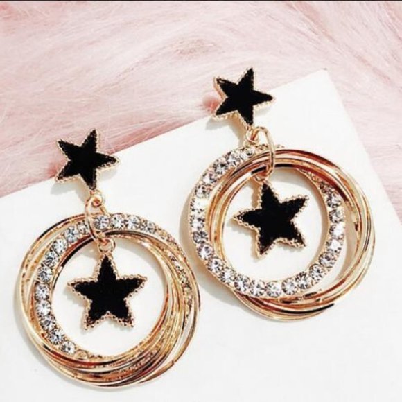Gold Tone Rhinestone Star Circle Earrings - Picture 3 of 3